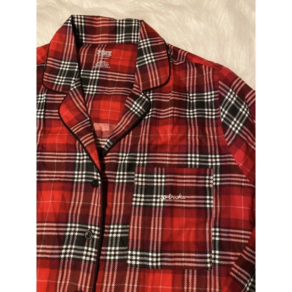 PINK Victoria's Secret‎ Pajama Shirt Womens Size Large Red Plaid Button Down Top